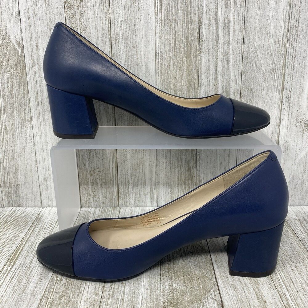 Cole Haan Dawna Pumps Navy Blue Leather Block Heel Cap Toe Black Shoes Size 6 B - Picture 11 of 11